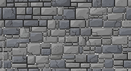 A detailed seamless pattern of a weathered gray stone wall, featuring various block sizes and textures, perfect for backgrounds and game assets.