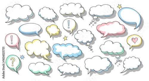 A vibrant collection of hand-drawn speech and thought bubbles with subtle pastel accents, perfect for conveying messages and ideas in digital designs.