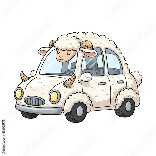 "Fluffy sheep car with wooly texture and tiny horns as headlights – cute vector, white background"

