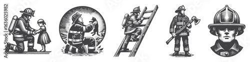 Vintage Hand-Drawn Firefighter Saving Girl Illustration, Heroic Rescue Engraved Vector for Safety and T-Shirt Design