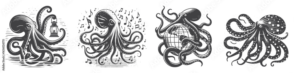 Obraz premium Vintage Hand-Drawn Kraken Holding Lantern Illustration, Mythical Creature Engraved Vector for Nautical and T-Shirt Design