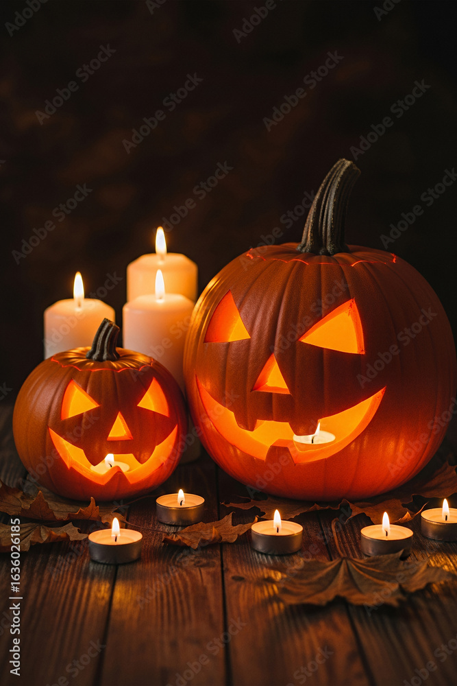 Fototapeta premium Two glowing carved pumpkins sit beside flickering candles on a rustic wooden surface, framed by a deep black background. The warm light and organic texture