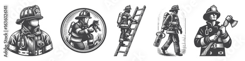 Vintage Hand-Drawn Firefighter Climbing Ladder Illustration, Heroic Rescue Engraved Vector for Safety and T-Shirt Design