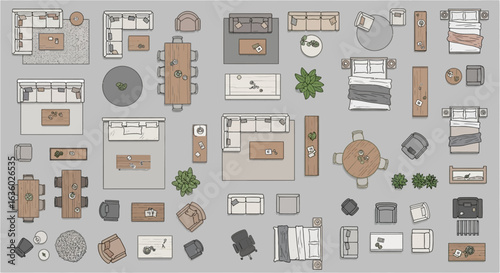 A detailed top-down vector graphic featuring a comprehensive collection of modern furniture and household items for diverse interior design projects and floor plan layouts.
