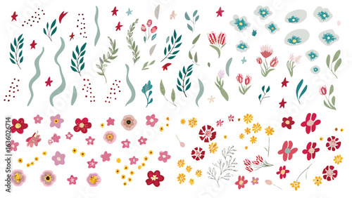Illustration showing an assortment of floral elements with leaves and stars on a white background