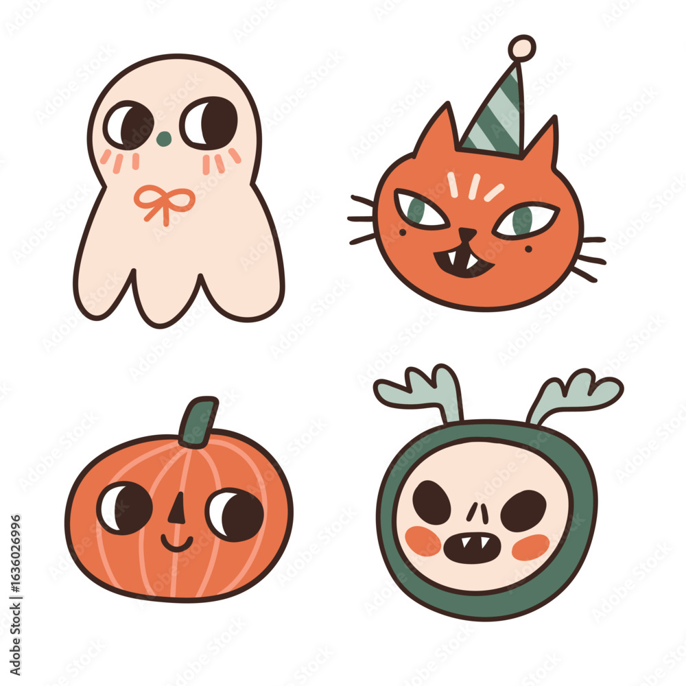 Fototapeta premium Doodle vector Halloween clip art. Funny kids magic sticker set - pumpkin, cat, deer spirit and ghost. Cute anime characters isolated on white background. Autumn holiday print for t-shirt