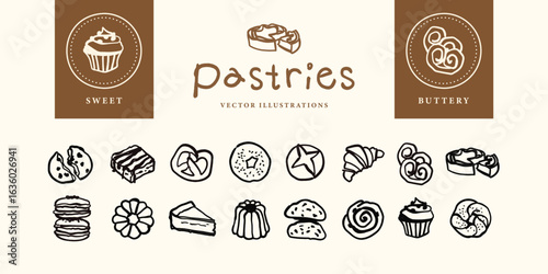 Dessert and Pastry Illustration Bundle - Cookies, Donuts, Croissants, Cakes, Cupcakes, Tarts, Macarons, Muffins, and Sweet Treats in Hand Drawn Illustration Style