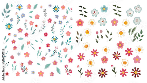 Illustration of a variety of watercolor flowers and leaves with different colors and arrangements on white