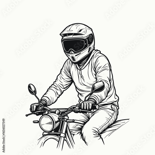 Motorcyclist wearing helmet and gloves riding a vintage motorcycle  