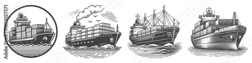 Vintage Hand-Drawn Cargo Ship Illustration, Maritime Transport Engraved Vector for Shipping and T-Shirt Design