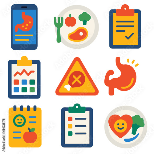 Flat Food Tracker Icons. Flat vector icons of food tracking and diet plans: digestive diary app, food tracker plate, meal log icon