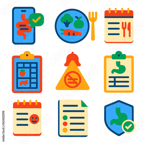 Flat Food Tracker Icons. Flat vector icons of food tracking and diet plans: digestive diary app, food tracker plate, meal log icon