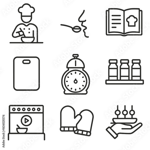 Culinary Icon Set. Line style icons of culinary shows: chef demo, tasting spoon, recipe book, chopping board, kitchen timer, spice
