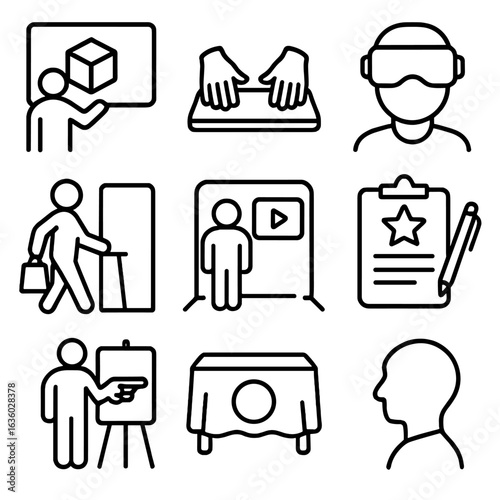 Product Demo Icons. Line style icons of product demo events: demo screen, hands-on table, headset display, sample use, trial area,