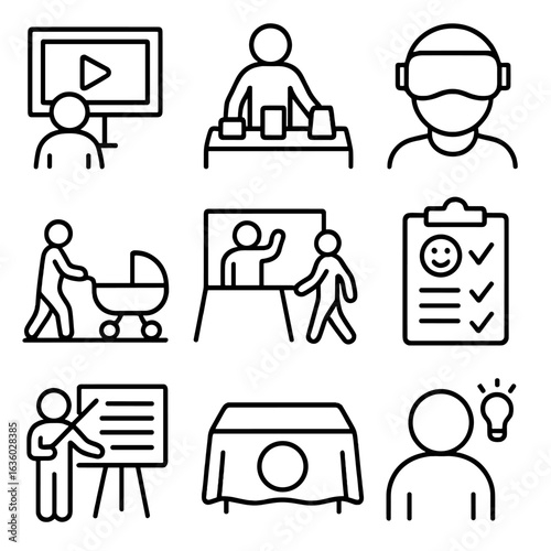 Product Demo Icons. Line style icons of product demo events: demo screen, hands-on table, headset display, sample use, trial area,