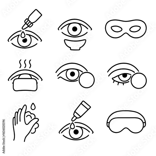 Eye Care Icons. Line style icons of eye care and hygiene: eye drops, eye wash cup, cold eye mask, warm compress, cotton pad near