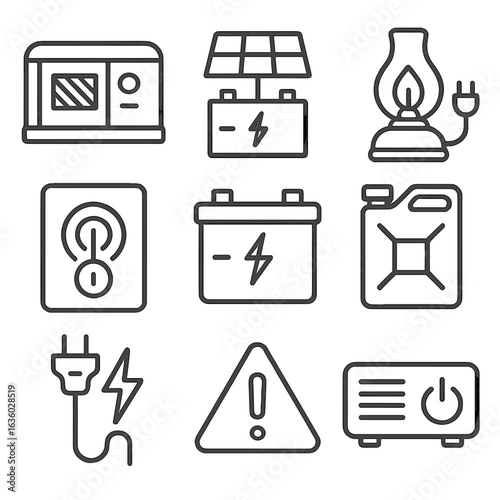 Backup Power Icons. Line style icons of backup power and safety: home generator, solar backup panel, power outage lamp, emergency