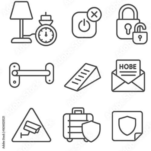 Travel Security Icons. Line style icons of temporary travel security measures: timer plug with lamp, “away” mode icon, travel lock