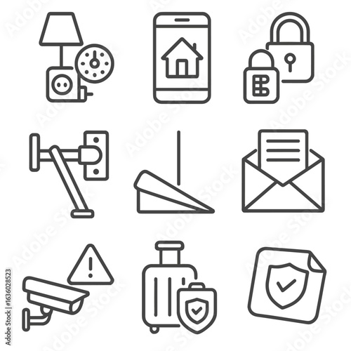 Travel Security Icons. Line style icons of temporary travel security measures: timer plug with lamp, “away” mode icon, travel lock