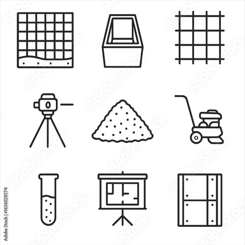 Foundation Preparation Icons. Line style icons of foundation preparation: grid-marked ground, concrete footing mold, rebar cage,