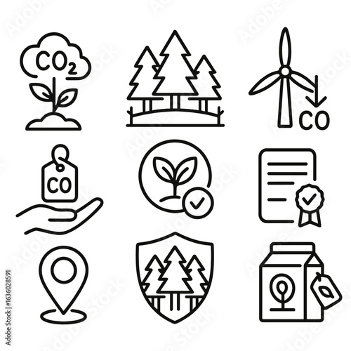 Carbon Offset Icons. Line style icons of carbon offset activities: tree sapling with CO2 symbol, reforestation area icon, carbon