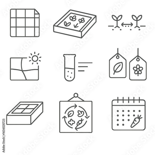 Garden Layout Icons. Line style icons of garden layout planning: plot grid chart, bed sketch, plant spacing diagram, sun exposure