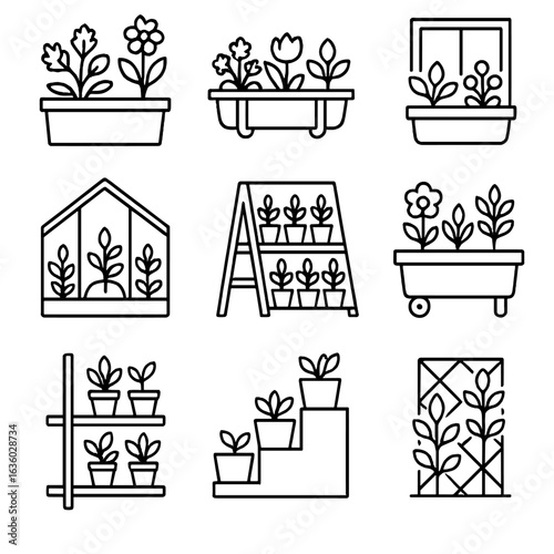Space-Saving Garden Icons. Line style icons of small space gardening: container garden, balcony planter, windowsill herb pot,