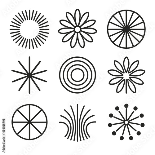 Radial Symmetry Icons. Line style icons of radial symmetry forms: sunburst ring, radial floral shape, circular segment pattern,