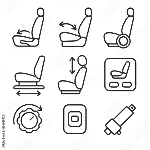 Car Seat Mechanism Icons. Line style icons of adjustable car seat mechanisms: seat tilt lever, backrest recline handle, height