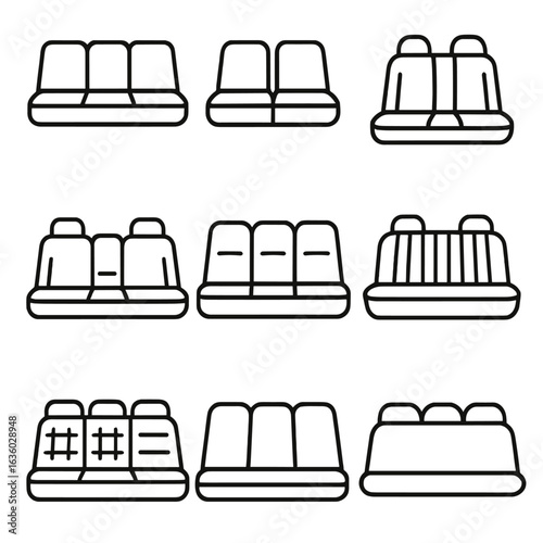 Bench Seat Icons. Line style icons of bench seat variations: flat rear bench, split-bench seat, wide front bench, integrated