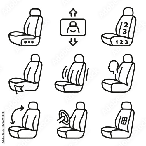 Driver Seat Icons. Line style icons of driver seat enhancements: seat with integrated controls, head-up seat height view, seat
