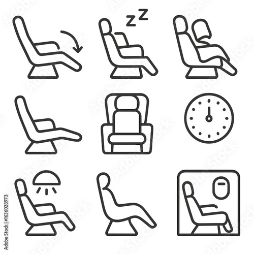 Reclining Sleep Seat Icons. Line style icons of reclining sleep seats: flat recline arrow, sleep icon above seat, seat with