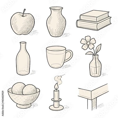 Line Style Still Life. Line style icons of still life sketch items: apple with shadow lines, vase with pencil strokes, book stack