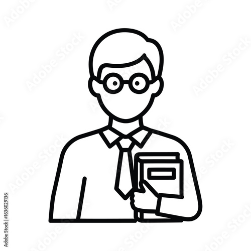 A teacher with glasses holding books isolated on white background, representing education, knowledge, and the pursuit of learning in a simple line art style