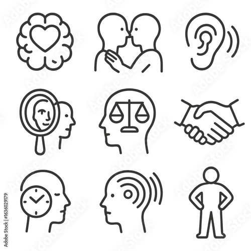 Emotional Intelligence Icons. Line style icons of emotional intelligence in leadership: heart inside brain, empathy icon with hand