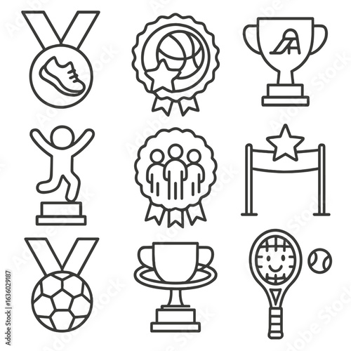 Kids Sports Award Icons. Line style icons of sports and physical activity awards for kids: running shoe medal, ball and star badge