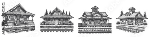 Vintage Hand-Drawn Train Depot Illustration, Railway Station Engraved Vector for Travel and T-Shirt Design