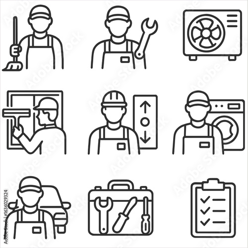 Maintenance Icon Set. Line style icons of maintenance and repair work: janitor with mop, repair technician, HVAC specialist,