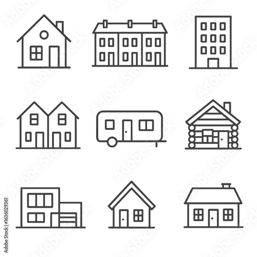 Residential Property Icons. Line style icons of residential property types: detached house, townhouse row, apartment building,