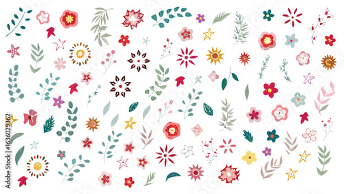Illustration of scattered floral elements with stars and leaves on a white background design pattern