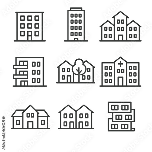 Line Style Dwellings. Line style icons of multi-family dwellings: apartment block, residential tower, housing complex, condo unit