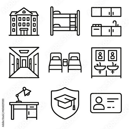 Student Dorm Icons. Line style icons of student and dorm housing: student dormitory building, bunk beds icon, shared kitchen space