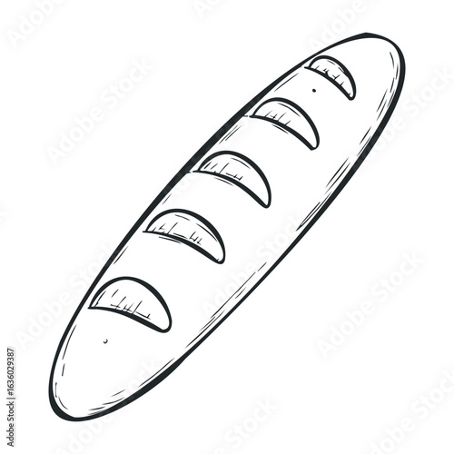 Simplistic black and white illustration of a baguette with bread details. Vector illustration
