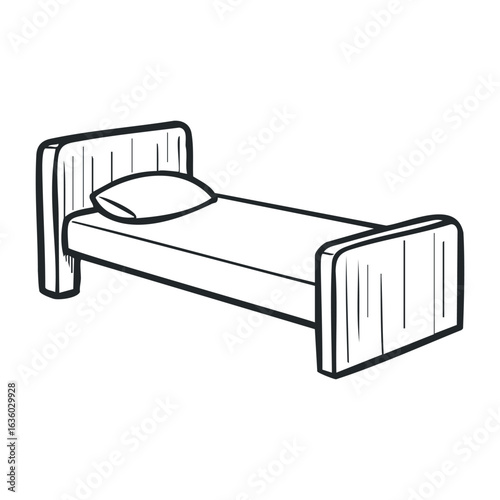 Simple black and white line drawing of a wooden bed with pillow. Vector illustration