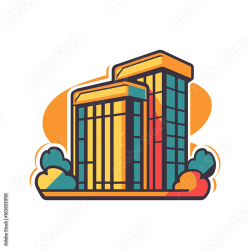 A retro flat vector illustration of two office buildings with a cartoonish style. This image can be used on websites and blogs related to business, real estate, city life, or urban development.

