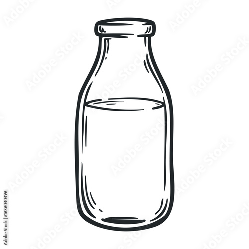 Black and white sketch of a milk bottle with simple line art design. Vector illustration