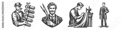 Vintage Hand-Drawn Man Tailor with Scissor Illustration, Fashion Artisan Engraved Vector for Sewing and T-Shirt Design