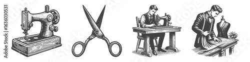 Vintage Hand-Drawn Tailor Machine Illustration, Sewing Equipment Engraved Vector for Fashion and T-Shirt Design