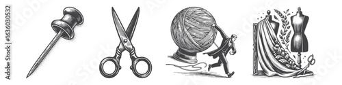 Vintage Hand-Drawn Tailor Pin Illustration, Sewing Notion Engraved Vector for Craft and T-Shirt Design