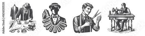 Vintage Hand-Drawn Man Tailor with Yarn Illustration, Textile Craftsman Engraved Vector for Fashion and T-Shirt Design